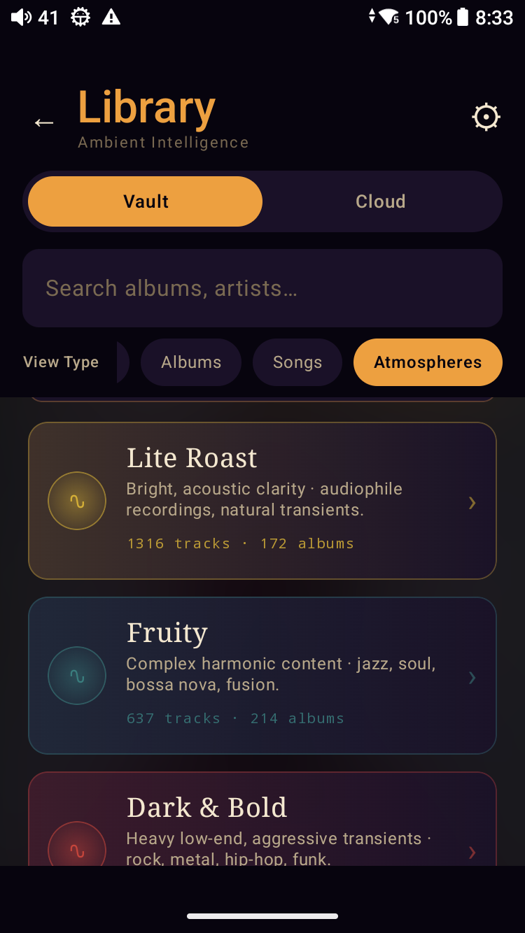 Meringo Library — Vault lens, Atmospheres view-type selected. The mood tiles show counts derived locally from each track’s audio fingerprint, shown here for a sample library: Lite Roast (1316 tracks, 172 albums), Fruity (637 tracks, 214 albums), Dark & Bold (rock / metal / hip-hop / funk) partially visible below