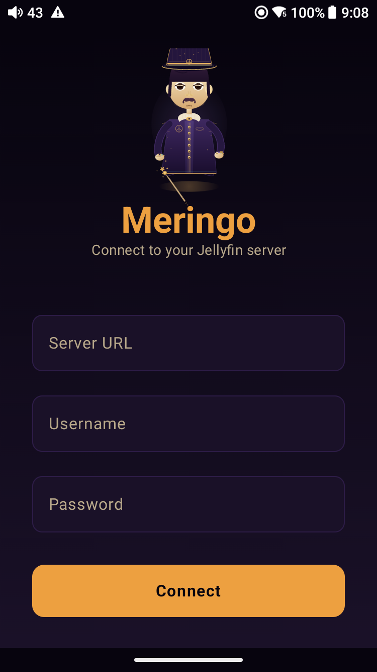 Meringo Jellyfin connect screen — mascot at the top, ‘Connect to your Jellyfin server’ subtitle, Server URL / Username / Password fields, large Connect CTA