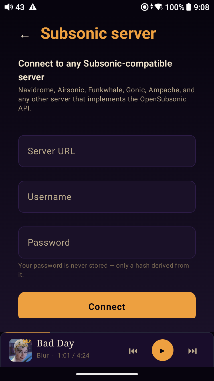 Meringo Subsonic-compatible server connect screen — ‘Connect to any Subsonic-compatible server: Navidrome, Airsonic, Funkwhale, Gonic, Ampache, and any other server that implements the OpenSubsonic API.’ URL / Username / Password fields with the disclaimer ‘Your password is never stored — only a hash derived from it’ below