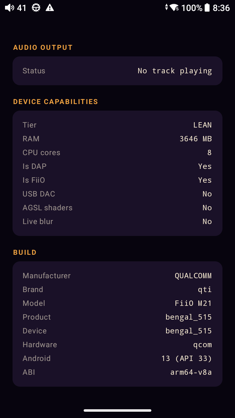 Meringo Audio Diagnostics — Device Capabilities: Tier LEAN, RAM 3646 MB, 8 CPU cores, Is DAP Yes, Is FiiO Yes, USB DAC No. Build: Manufacturer Qualcomm, Brand qti, Model FiiO M21, Product / Device bengal_515, Hardware qcom, Android 13 (API 33), ABI arm64-v8a