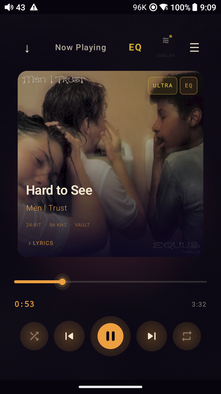 Meringo Now Playing — 'Hard to See' by Men I Trust, 24-bit / 96 kHz from the Vault. ULTRA dynamic-range chip + EQ engaged on the album-art card, ♪ LYRICS pill below the route line, full transport controls below the scrub bar