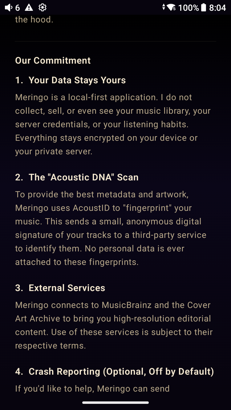 Meringo first-run terms screen — ‘Our Commitment’ with five numbered sections: 1. Your Data Stays Yours, 2. The Acoustic DNA Scan, 3. External Services (MusicBrainz + Cover Art Archive), 4. Crash Reporting (Sentry, opt-in toggle, off by default), 5. Software As-Is. Shown to every user before any Connect or Play CTA loads