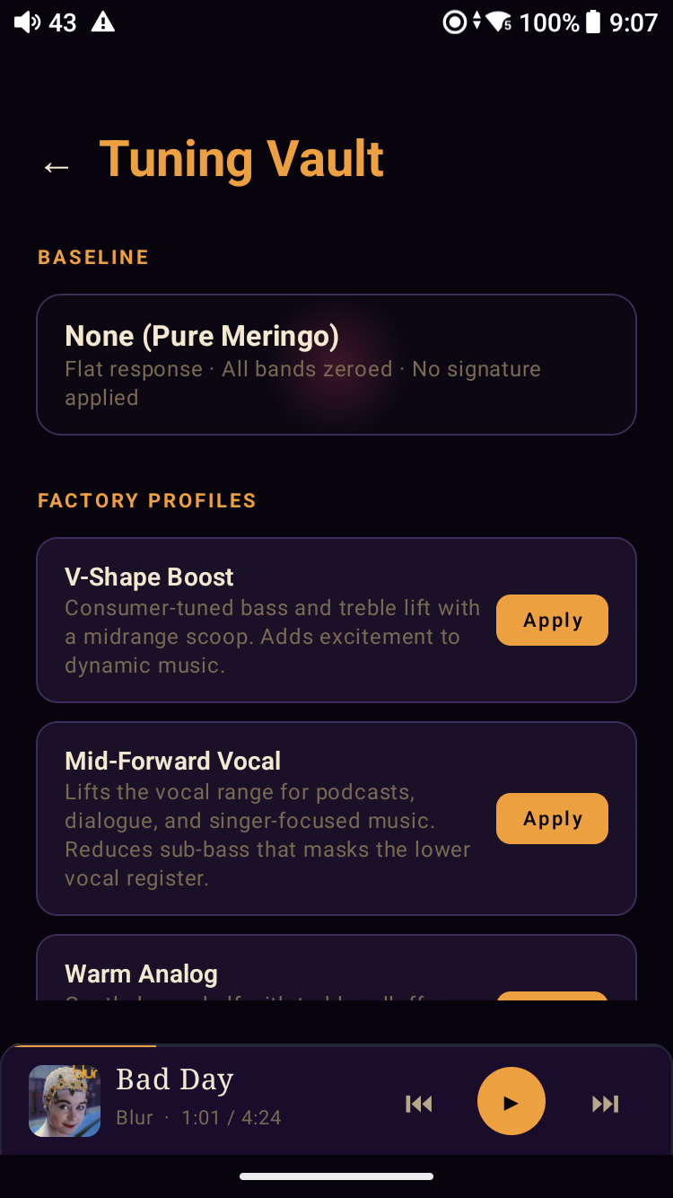Meringo Tuning Vault — Baseline section at top showing None (Pure Meringo): ‘Flat response · All bands zeroed · No signature applied.’ Factory Profiles section below: V-Shape Boost, Mid-Forward Vocal, Warm Analog (partial), each with its own Apply CTA
