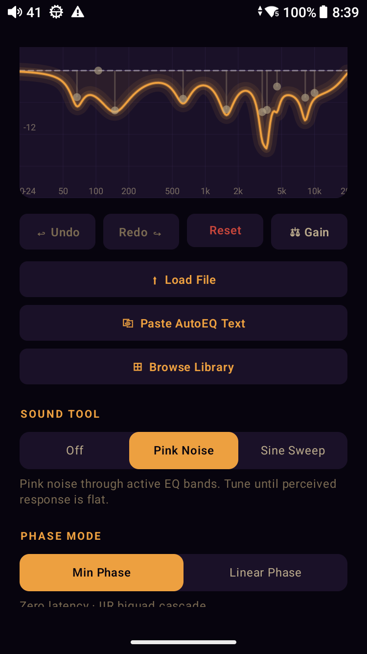 Meringo Workbench scrolled to the Sound Tool selector — Pink Noise is the active tool, routed through the EQ bands. Helper line reads ‘Pink noise through active EQ bands. Tune until perceived response is flat.’ Phase Mode toggle below shows Min Phase selected
